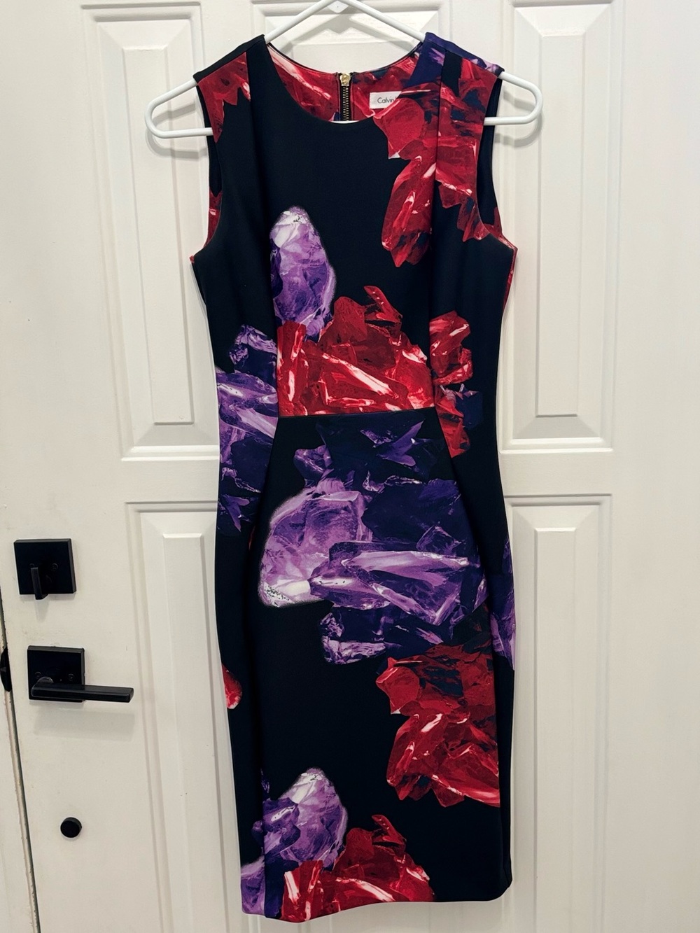 Calvin Klein Black Sheath Dress with Red & Purple Abstract Print